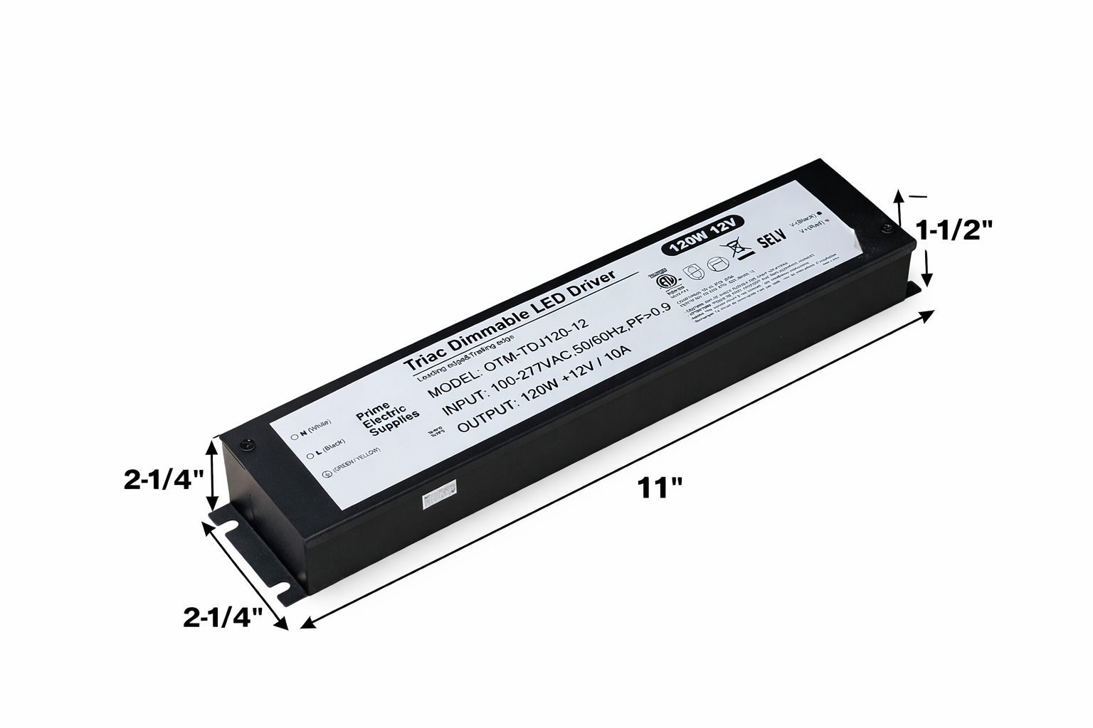 LED Driver 12V 120W Dimmable Black Metal 100-277V
